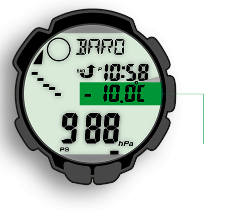 De thermometer van de PRO TREK meet temperaturen van –10 °C tot +60 °C
