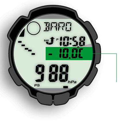 Termometeret til PRO TREK måler temperaturer i området fra –10 °C til +60 °C
